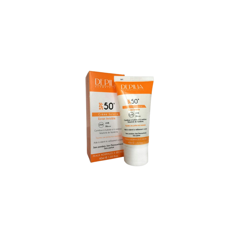 Depilia Ecran Solaire Invisible SPF 50+ 40ml tube orange et blanc avec bouchon clips