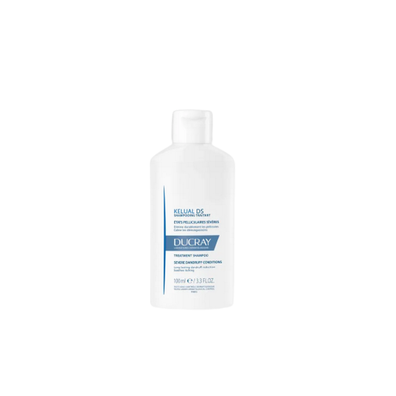 Ducray Kelual DS Shampooing Traitant 100ml, flacon blanc et bleu bouchon clips