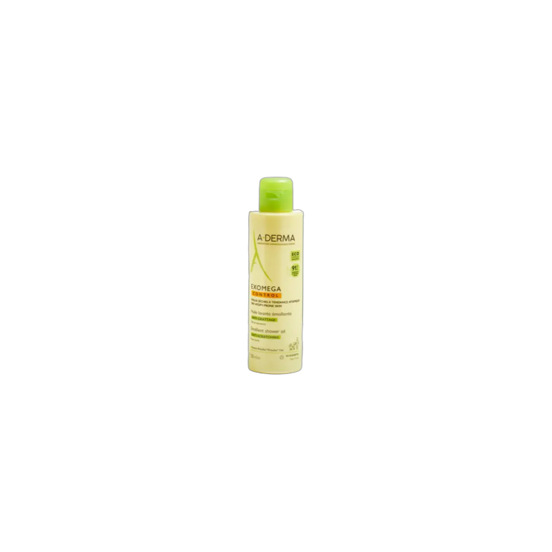 A-Derma Exomega Control Huile Lavante Émolliente Anti-grattage flacon transparent avec bouchon vis vert