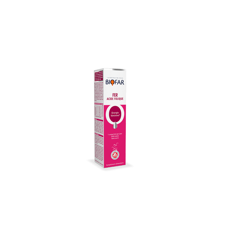 Biofar Fer Acide Folique dans sa boite cartonnée blanc et rose