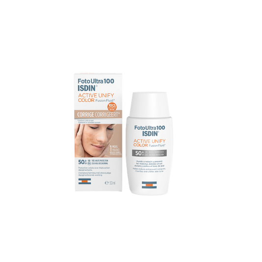 Isdin Foto Ultra 100 Active Unify Color Fusion Fluid SPF 50+ 50ml flacon blanc avec bouchon facile